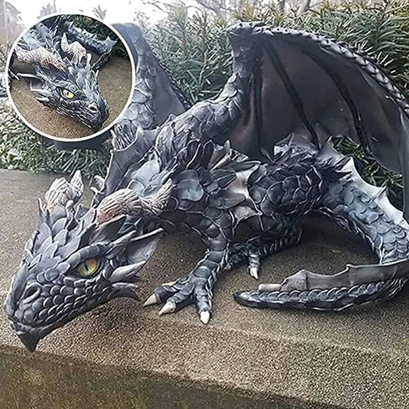 Garden Big Squatting Dragon Sculpture Guardian Statue Garden Dragon Sculpture Halloween Outdoor Gothic Decor