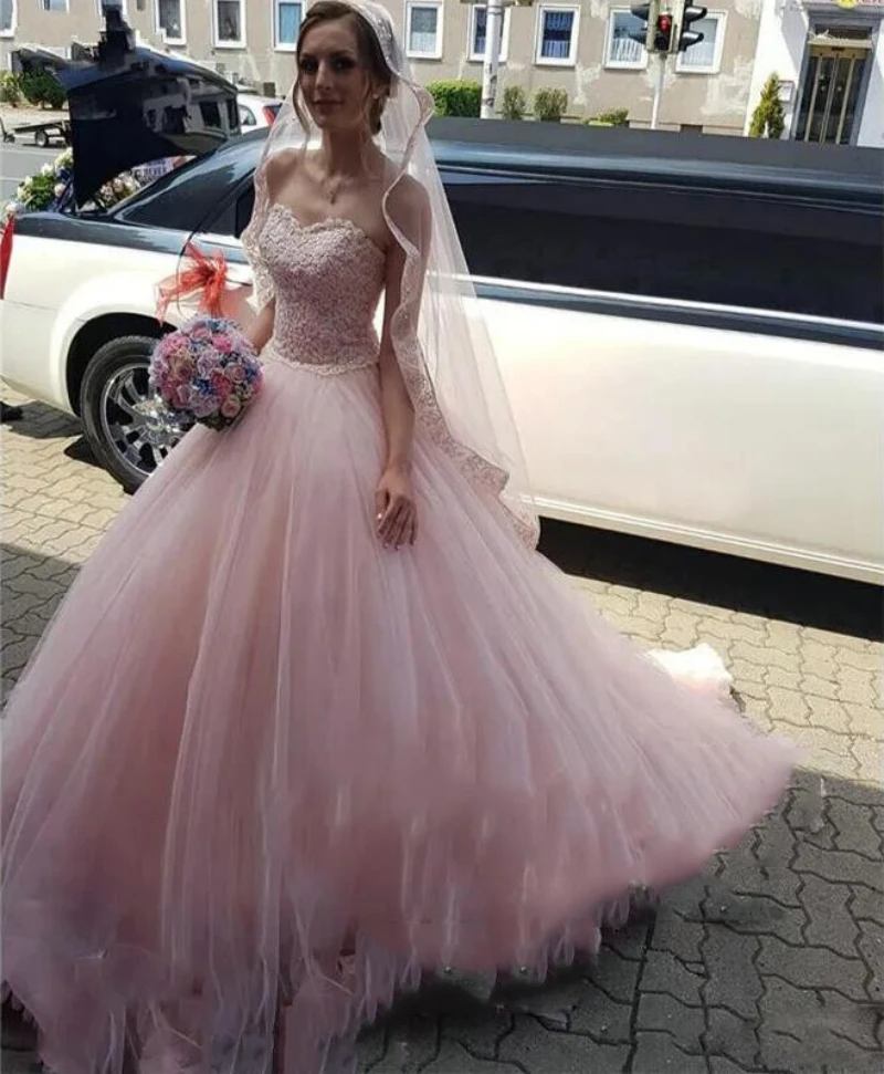 

Blush Pink Wedding Dress Sweetheart Lace A Line Pastrol Bridal Gown Court Train Elegant Bride Formal Gowns Customized