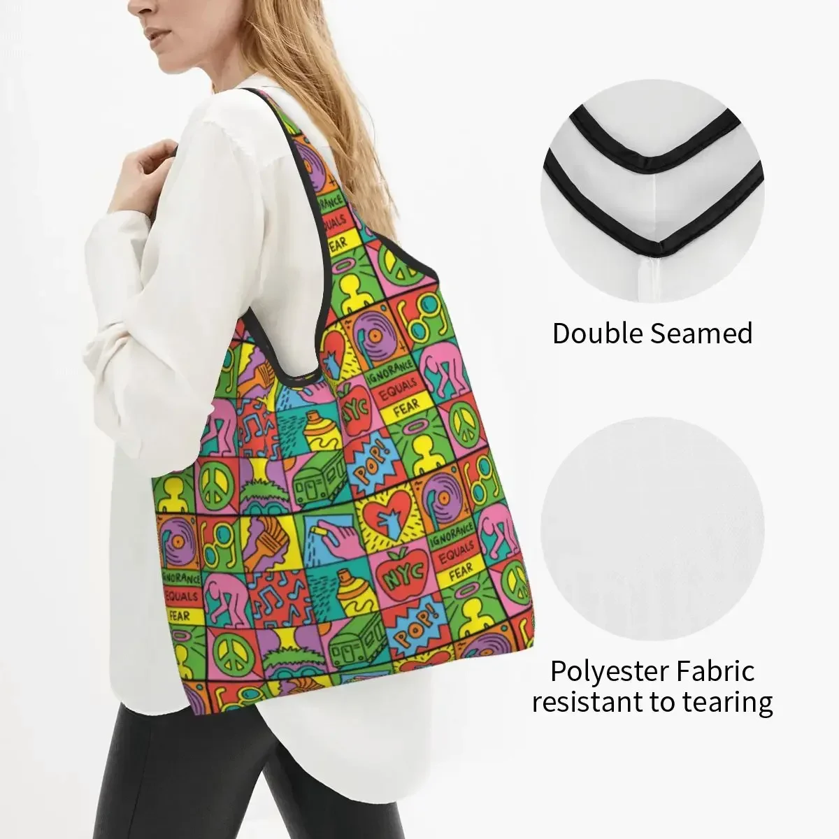 Reusable Graffiti Pop Art Grocery Bags Foldable Machine Washable Harings Shopping Bag Large Eco Storage Bag Lightweight