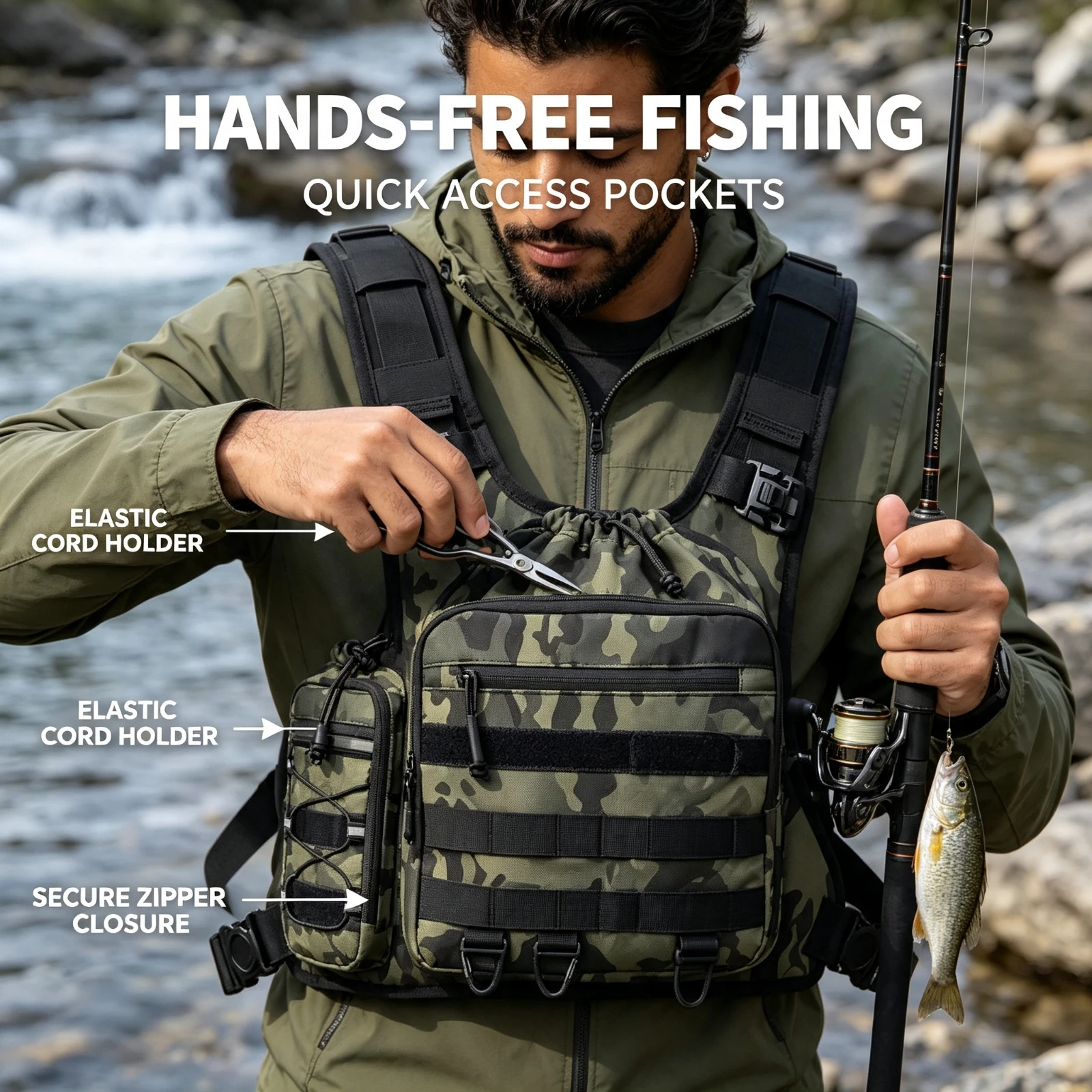 Tactical Chest Rig Vest Bag Men, Outdoor Camouflage Molle Fishing Hiking Hunting, Crossbody Pack Waterproof Multifunctional Gear