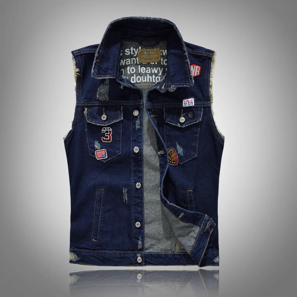 

Men Patched Denim Vests Waistcoats Jackets New Fashion Male Fit Denim Coats Vests Street Wear Style Holes Jeans Vest Size S-5XL