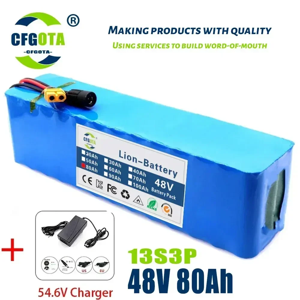 

48V 80Ah 1000w 13S3P XT60 48V Lithium ion Battery Pack 80000mah For 54.6v E-bike Electric bicycle Scooter with BMS+charger