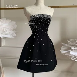 OLOEY Elegant Strapless Crystal Black Short Cocktail Dress Sleeveless Satin Wedding Party Dresses Prom Gowns Zipper Back Custom