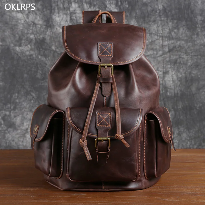 Top w stylu Vintage warstwa skóry bydlęcej plecak męski skórzany plecak Crazy Horse Bag torba na komputer Unisex Trend moda podróżna plecak