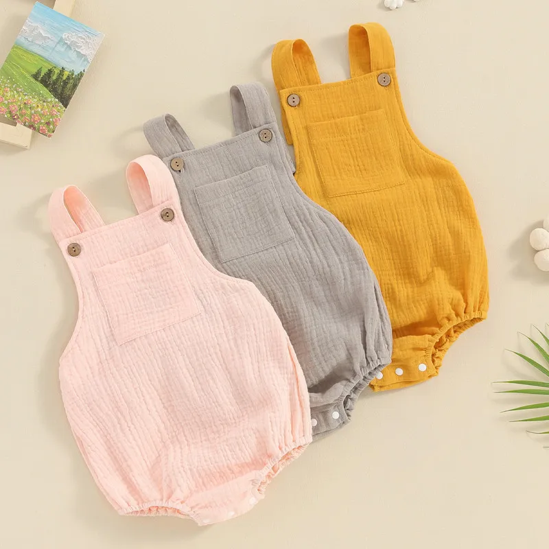 

Newborn Baby Girl Boy Bodysuit Summer Clothes Cotton Linen Overalls Solid Color Sleeveless Square Neck Backless Jumpsuit