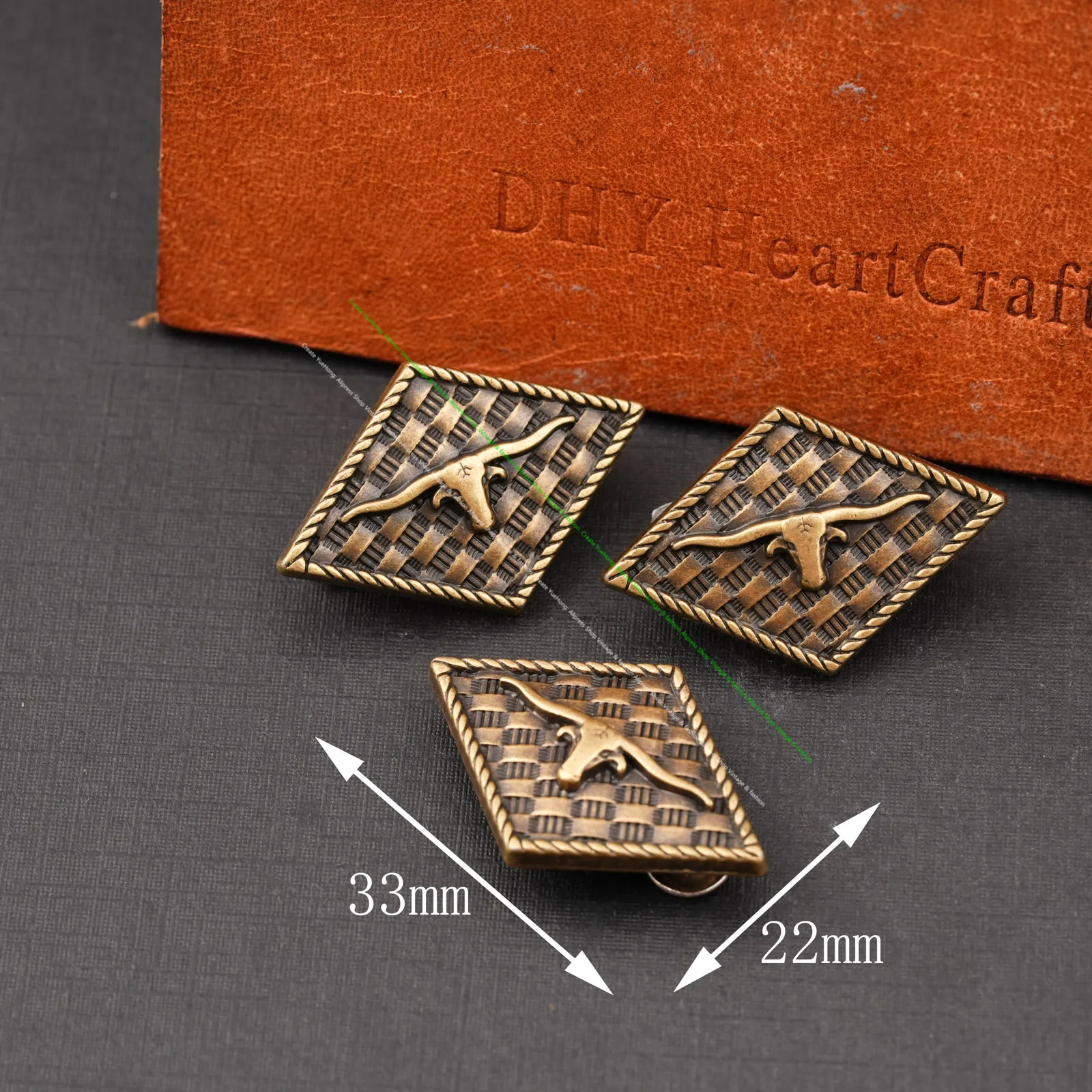 10Pcs Western Vintage Gold Brass Rhomb Longhorn Bull With A Woven Texture Belt Leathercraft Accessories Conchos Scresback