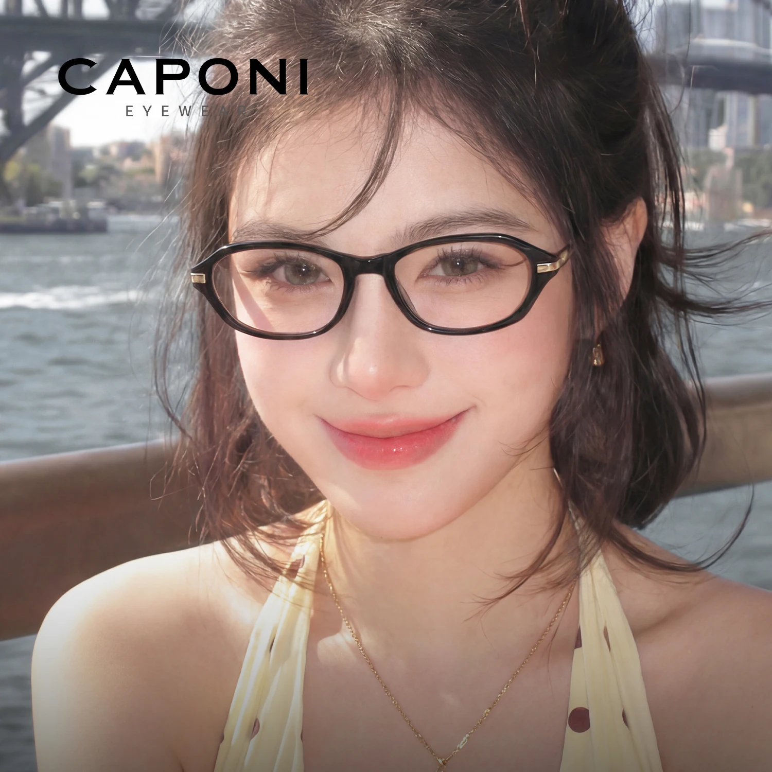 CAPONI Fashion Women Cat Eye Glasses Designer TR Light Weight Anti Blue Ray Eyeglasses Photochromic Brown Glasses Frames J36019