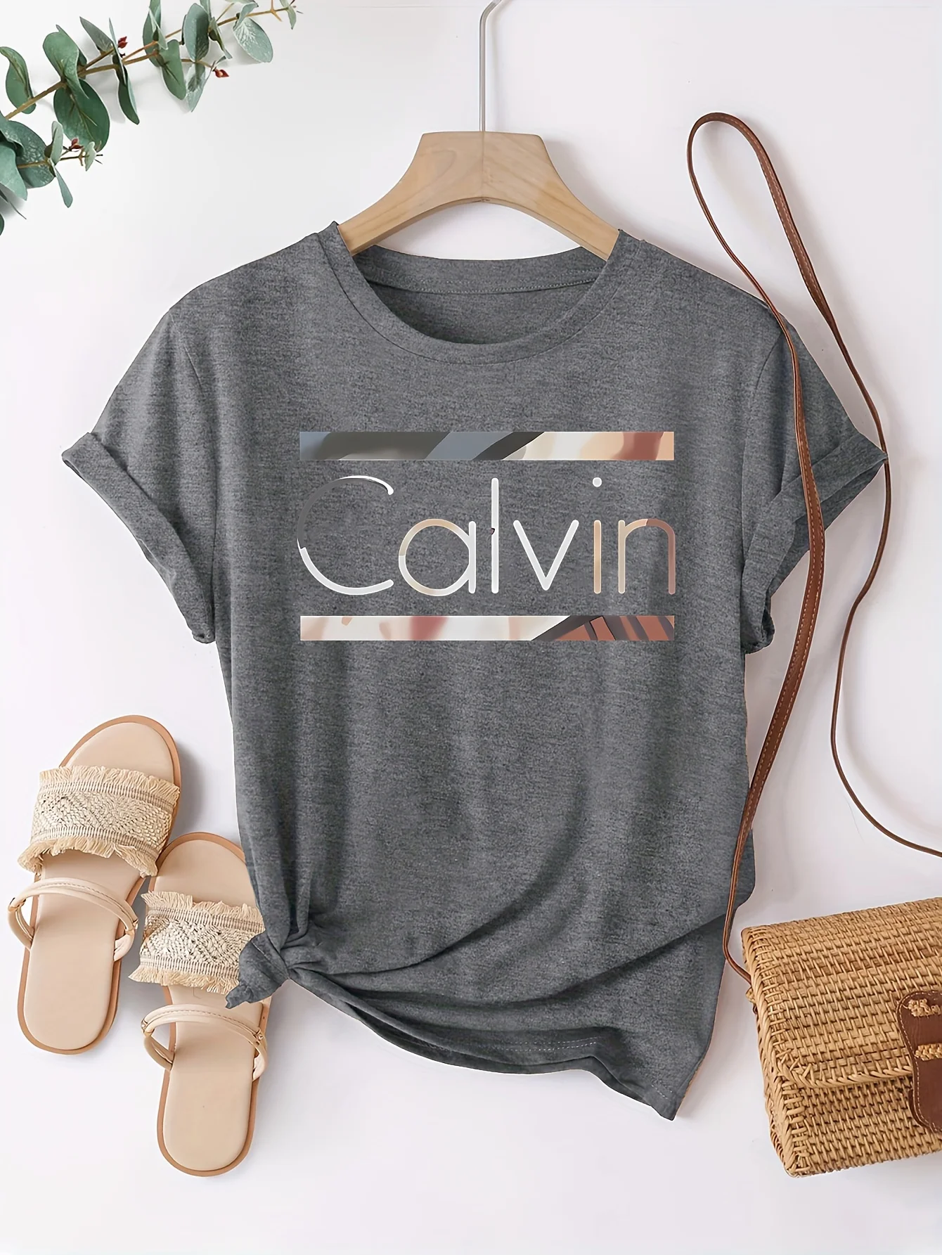 Women's Summer 100% Cotton Fashion Casual Calvin Letter Pattern Printed Loose Round Neck Short Sleeve T-shirt Top image 4
