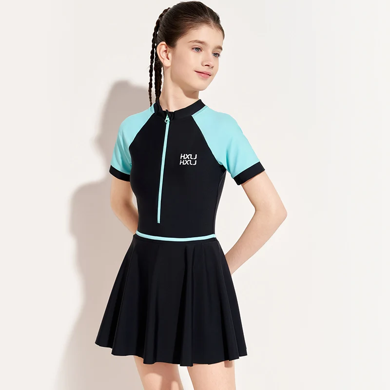 

Girl's One Piece Swimsuit Sunscreen Short Sleeves Skirt Solid Patchwork Bathing Suit Rashguards Teenager Kids Girl Swimwear