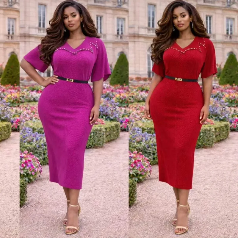 

Плиссированное платье Miyake 2026: Новинка лета, V-образный вырез, короткий рукав, украшенное жемчугом, африканский стиль, большие размеры, женское, эластичное, драпированное, длинное платье