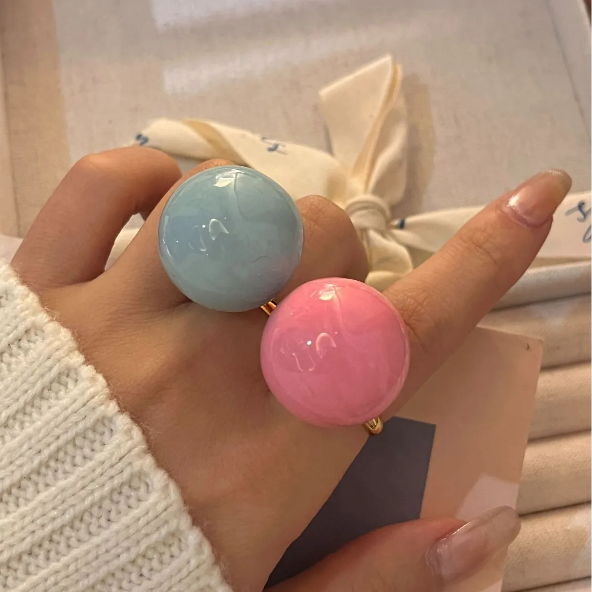Vintage Enamel Drop Glaze Colorful Large Round Ball Chunky Open Rings for Women Exaggerated Fashion Sweet Finger Jewelry Gifts