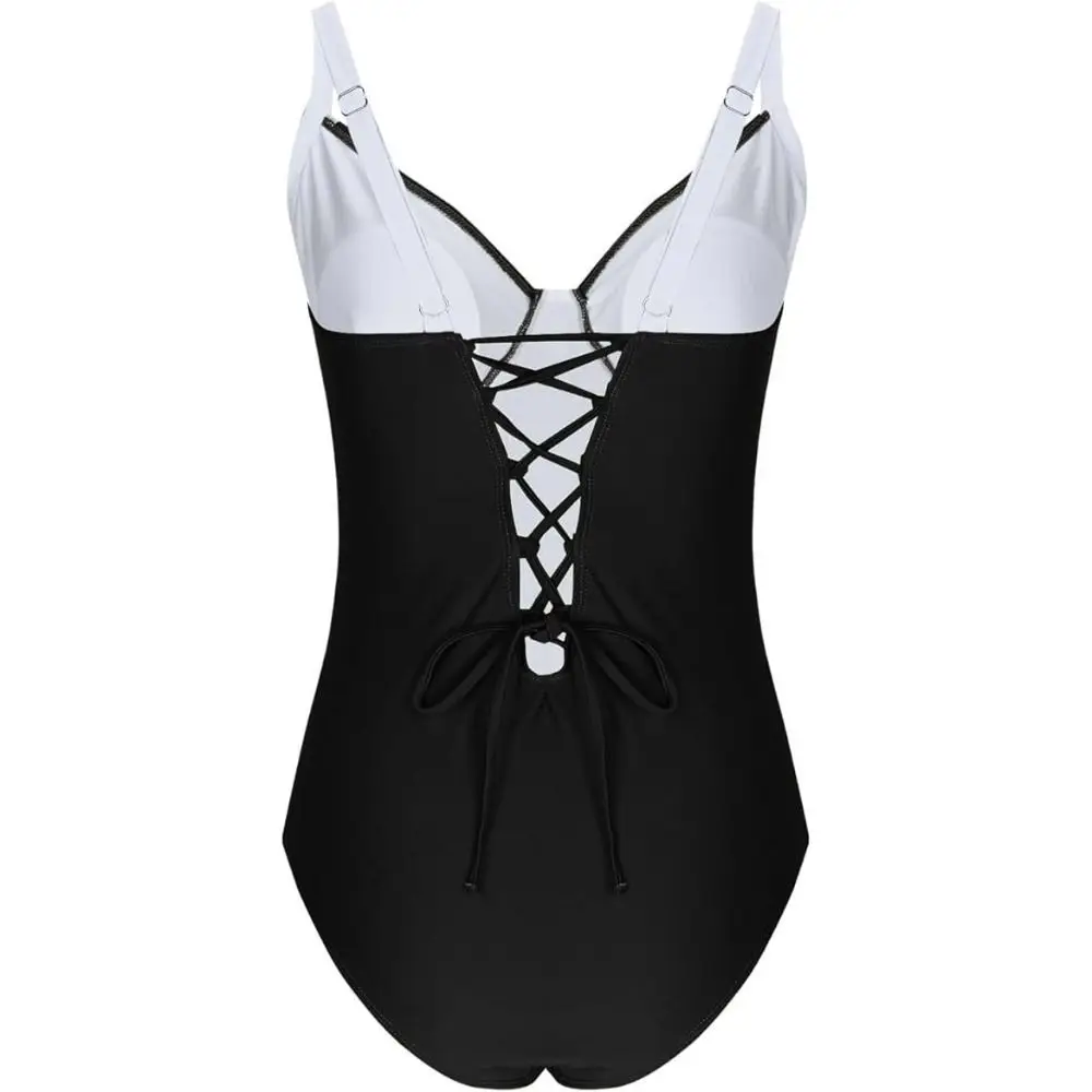 หวานเย็บปะติดปะต่อกันบอดี้สูทชุดว่ายน้ํากลวงคอวีอาบน้ําชุดว่ายน้ําB Eachwearเสื้อผ้าสลิมฟิตJ Umpsuitบิกินี่บีช