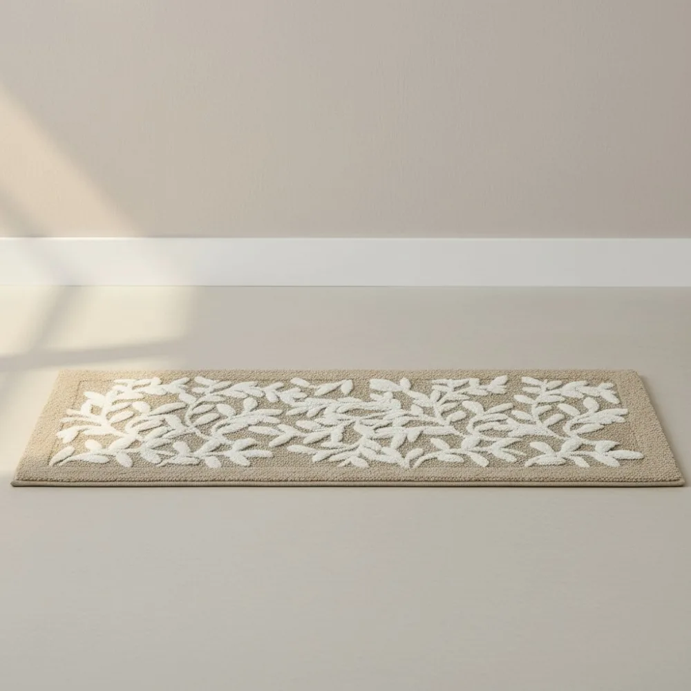 

100% Cotton Tufted Bath Mat - Floral Leaf Design, Plush Medium Pile, Quick Dry & Absorbent for Bathroom Décor, 24x60 Taupe