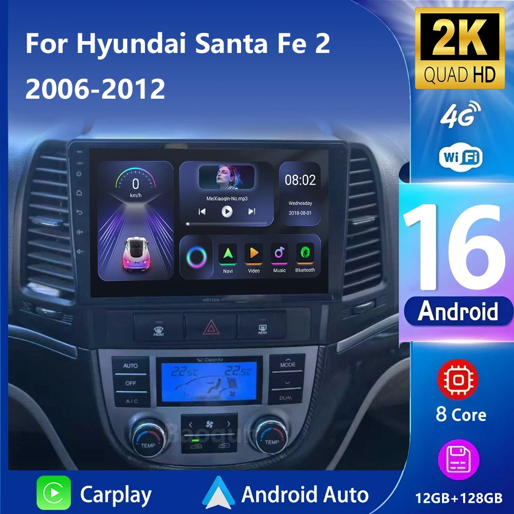Android 16 coche para Hyundai Santa Fe 2 2006-2012 Auto Radio estéreo reproductor Multimidia navegación GPS Carplay Android Auto 2din DVD