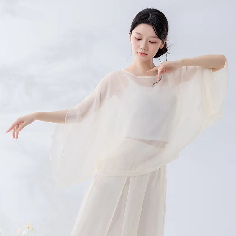 Light Elegant Fairy Chiffon Loose Petal Sleeves Dance Blouse Women Round Neck Transparent Breathable Classical Performance Top
