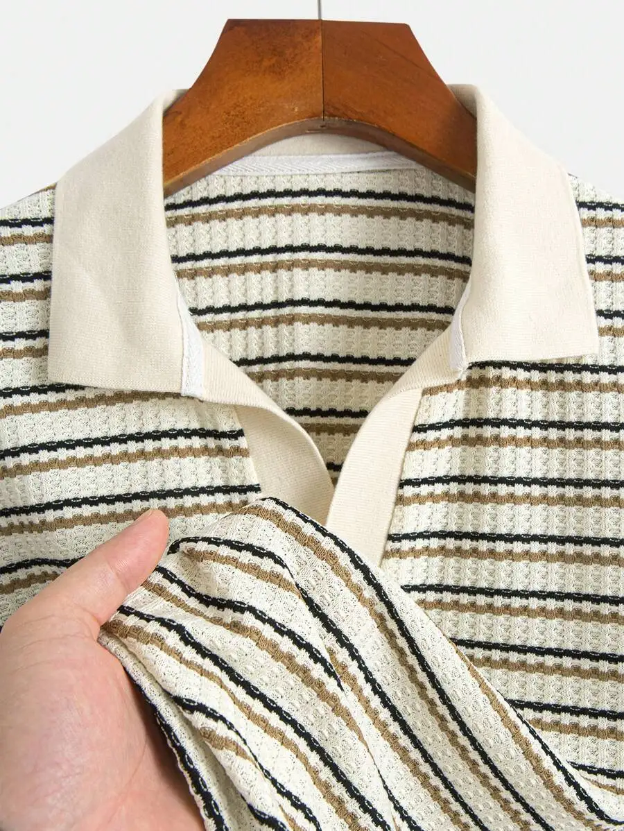 

Men's Short Sleeve Knit Striped Polo Shirt, Soft Breathable Casual Summer Top