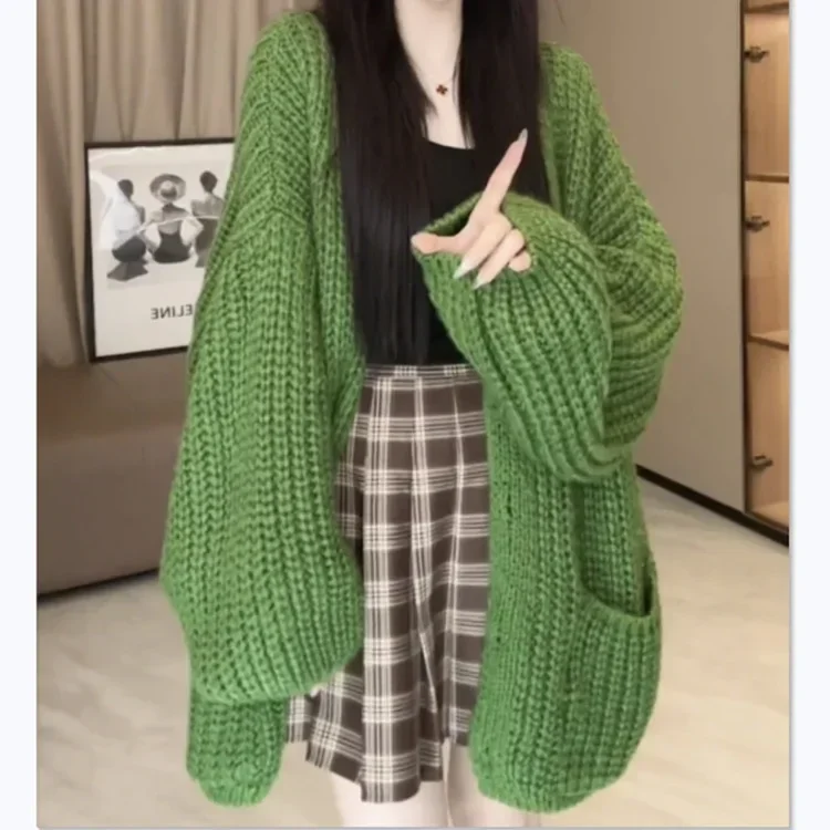 Green Y2k Kintted Sweater Women Cardigan V-Neck Crochet Loose Top E-girl Pullovers Spring Autumn Winter Jumper Sueter Jumpers