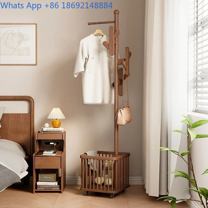 Solid Wood Clothes Rack Floor-standing Coat Rack Bedroom Movable Household Dirty Clothes Basket