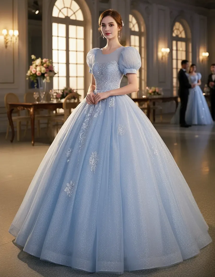 Princess Ice Blue Puff Sleeve Tulle Ball Gown with Sparkles for Quinceanera, Wedding, Graduation Prom, Free Crinoline