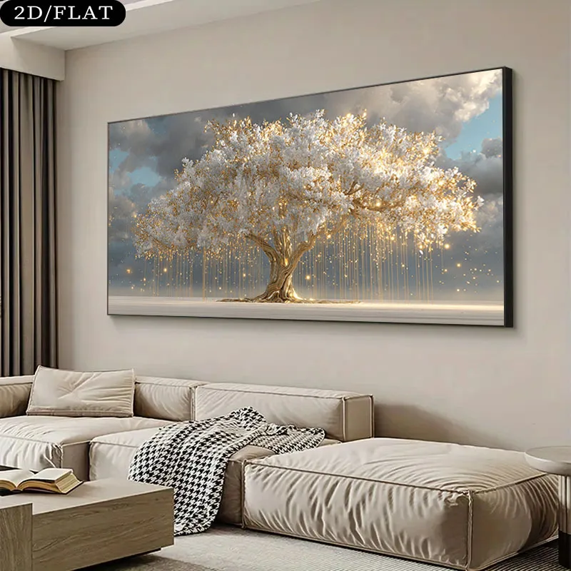 Image of 2D/Flache Moderne Minimalistische Dynamische Goldene Baum-Leinwandkunst - Rahmenlose Abstrakte Zweige Leinwanddrucke für Wohnzimmerdekoration