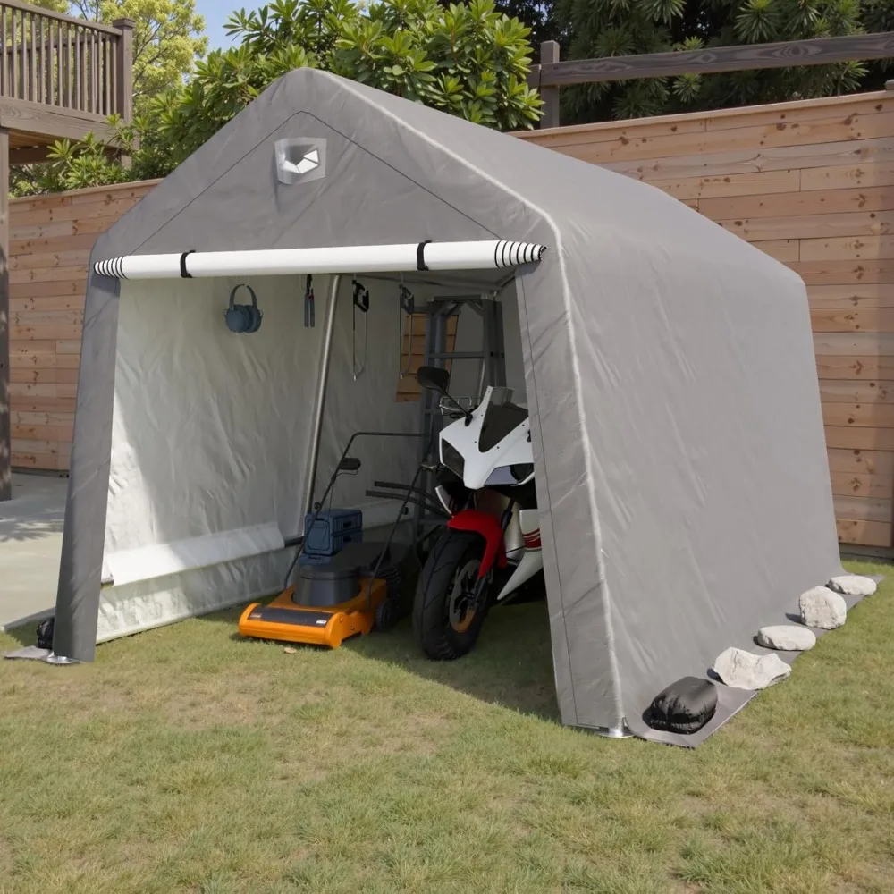 

7x12 Carport, Heavy Duty Carport Canopy Garage with Drive Through Roll Up Zipper Doors, Grey