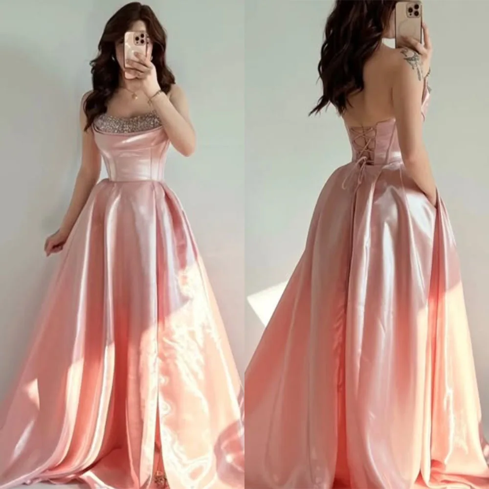

High Quality Customized Strapless Floor Length Beaded Back Strap Pink Wedding Party Dress Платье Корейский Стиль Evening Dress
