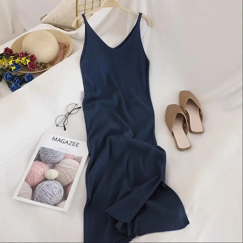 2023 Auutmn Knitted Vestidos Solid V Neck Vintage Chic Autumn Winter Women Dresses Stretch Slim Sexy Long Dress