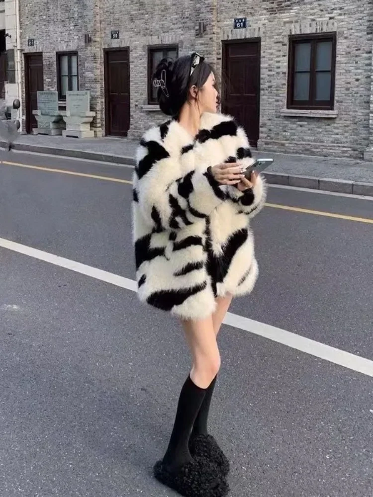 Korean Fashion Zebra Grain Faux Fur Coat Retro Fur Coat Women Autumn and Winter New Streetwear Loose Temperament Winter Jacket