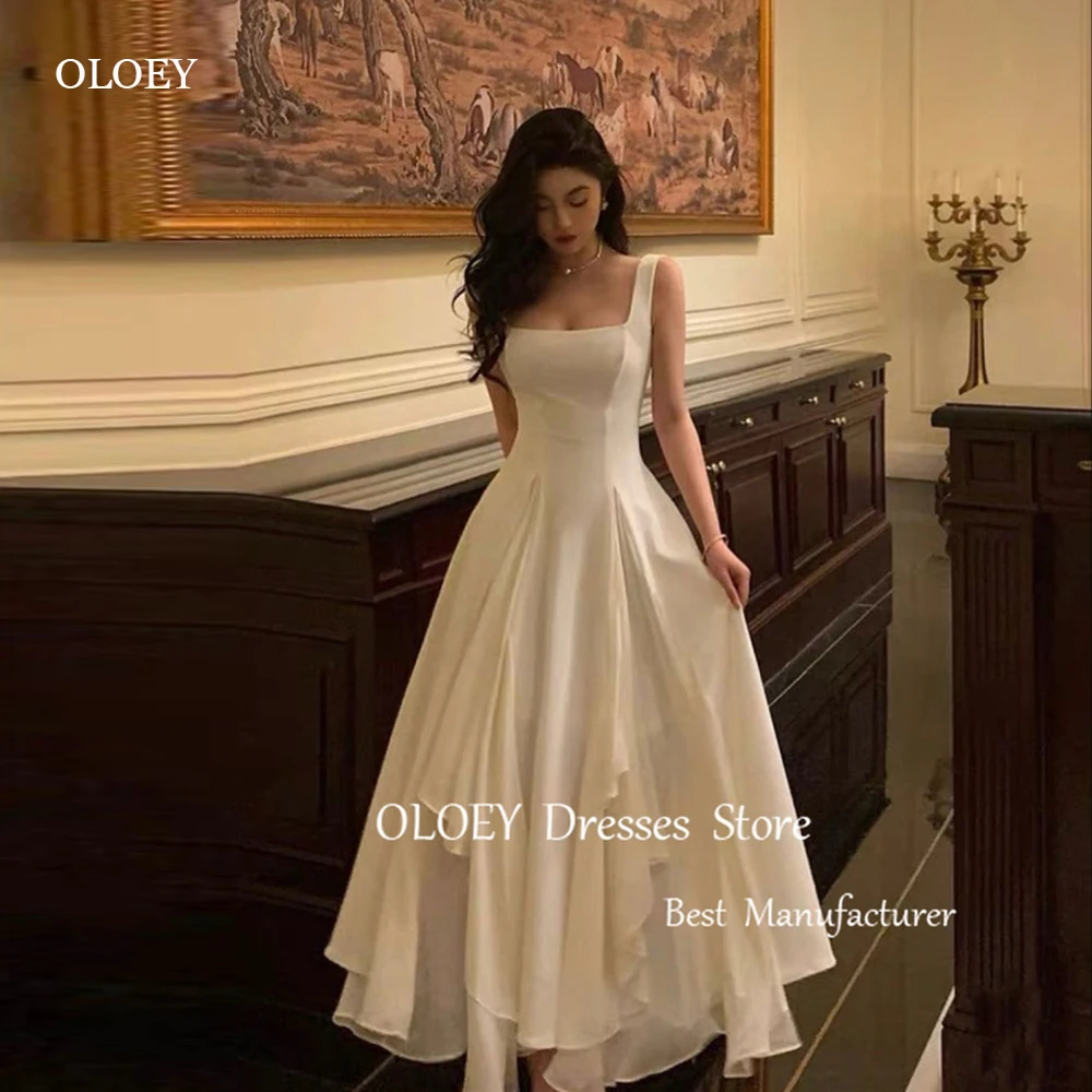 OLOEY Simple White Ivory Korea Evening Party Dresses Wide Straps Silk Chiffon Prom Gowns Wedding Guest Formal Event Dress