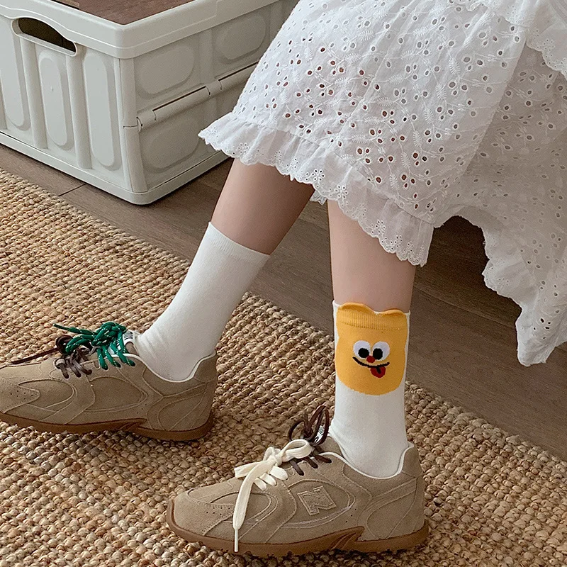 

5 пар женских носков, удобные дышащие хлопковые носки для девочек, комплект корейских забавных выражений, милые универсальные кавайные носки средней длины