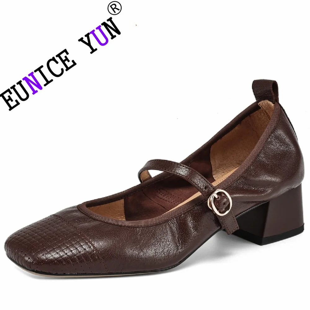 【EUNUCE YUN】Handmade Genuine Leather Shallow Buckle Strap Dance Shoes Runway Mary Janes Solid Concise Mid Flats 34-41