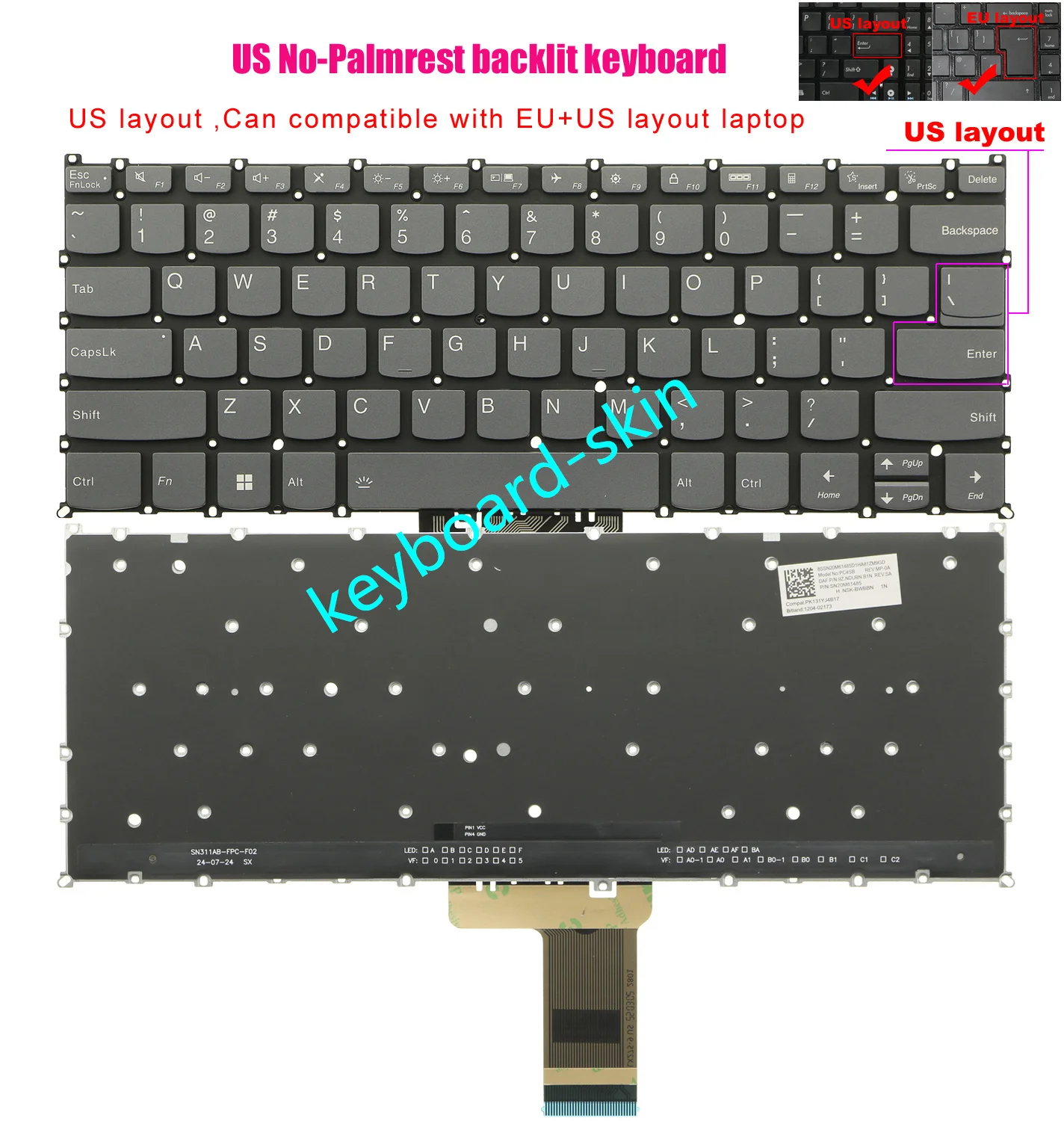 New US Backlit Keyboard No-Palmrest for Lenovo Yoga 7 14ARP8 /14IRL8,Yoga 7 2-in-1 14AHP9 /14IML9,Ideapad Slim 5 Light 14ABR8
