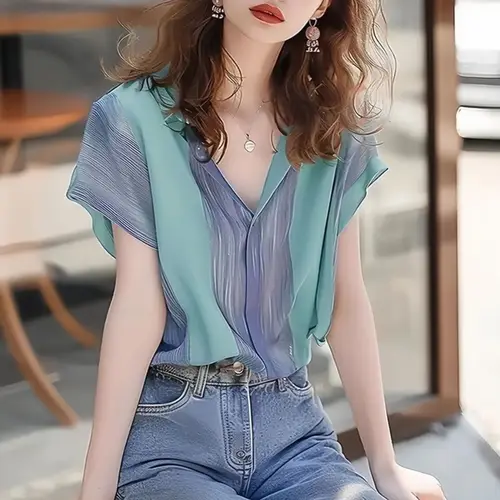 Camisa de manga corta empalmada a rayas moradas francesas 2025 Top suelto informal elegante versátil