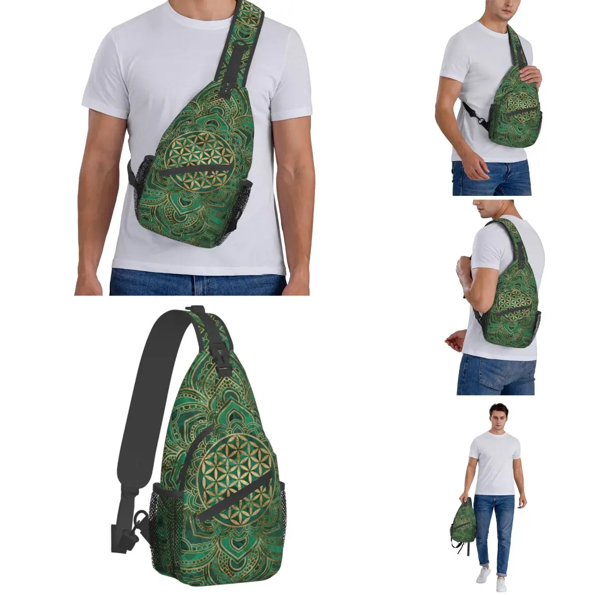 Sacos De Sling De Malaquita De Lótus, Flower of Life, Mochila De Ombro, Crossbody, Peito, Viagem, Mochilas De Caminhada, Saco Impresso De Mandala, Pequeno