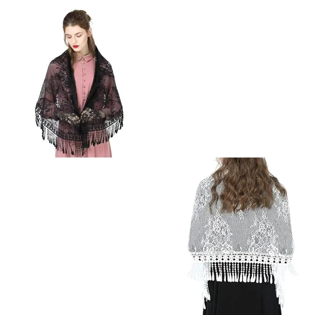 

652F Classical Lace Trim Mantilla Shawl for Spring Mantilla Headwear Scarf Veil