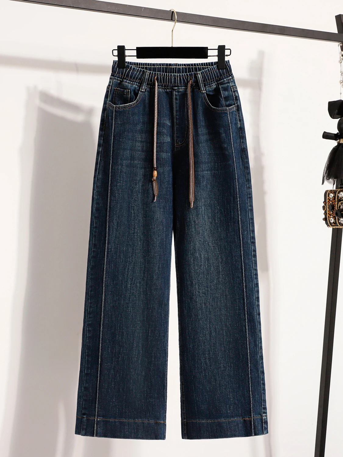 

Deep Blue Drawstring Women's Casual Jeans Spring Autumn Versatile High Waisted Straight Leg Pants Retro Loose Denim Trousers