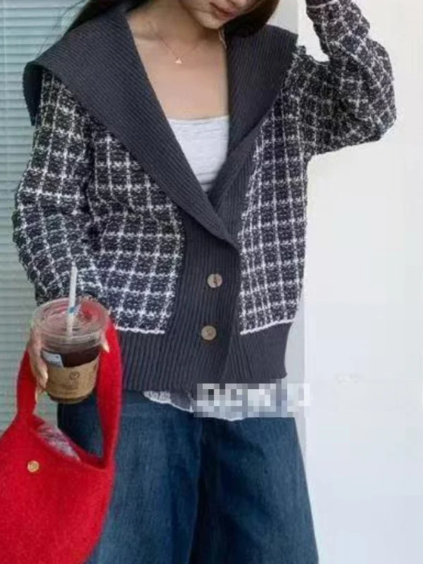 

Шикарный свободный вязаный темно-синий свитер с воротником, женское пальто с небольшим Fraance, осенне-зимний дизайн, уменьшающий возраст, открытое...