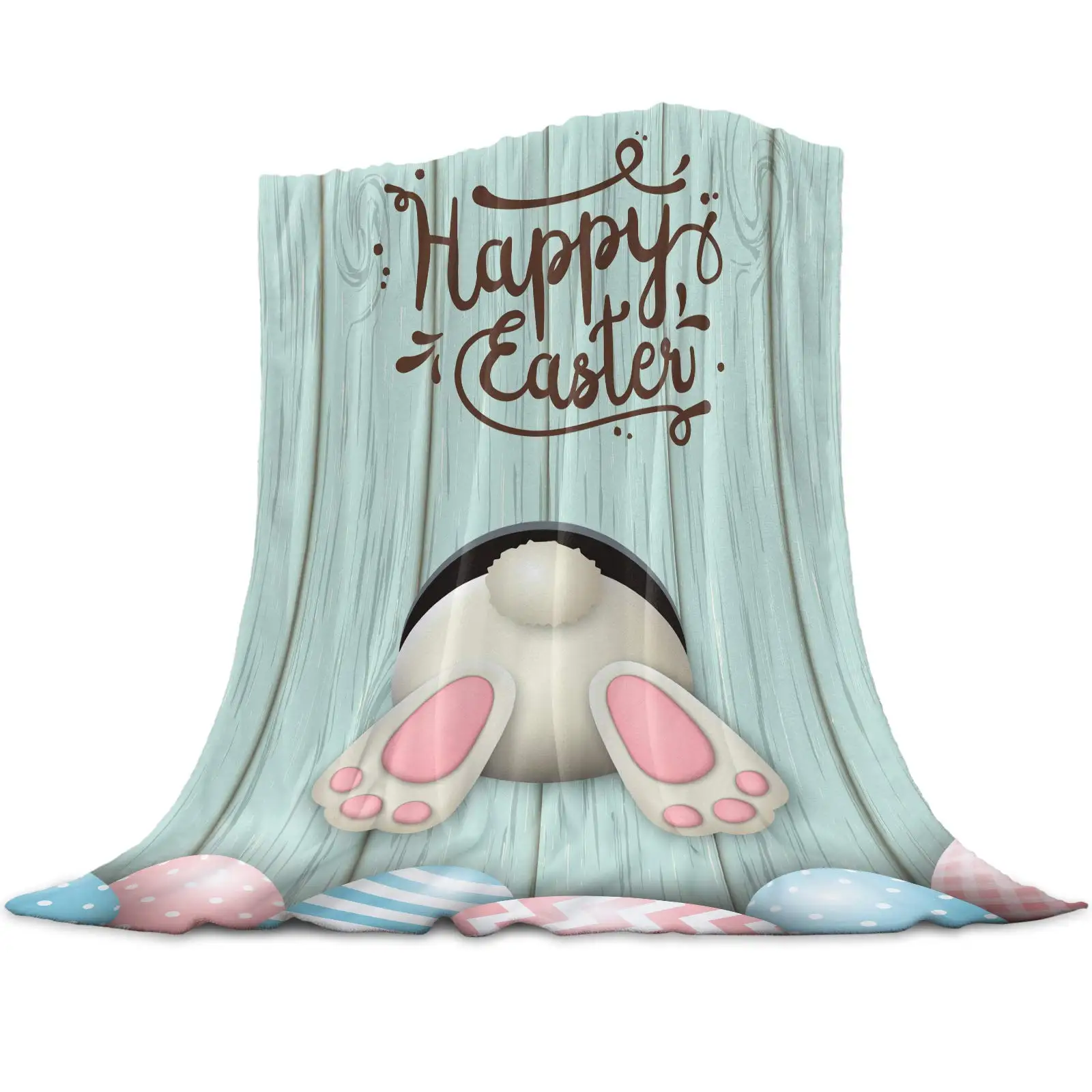 

Фланелевое одеяло Happy Easter, мягкое теплое одеяло, кроличий хвост в полоску, яйца, бирюзовые деревянные одеяла для спальни, дивана, дивана