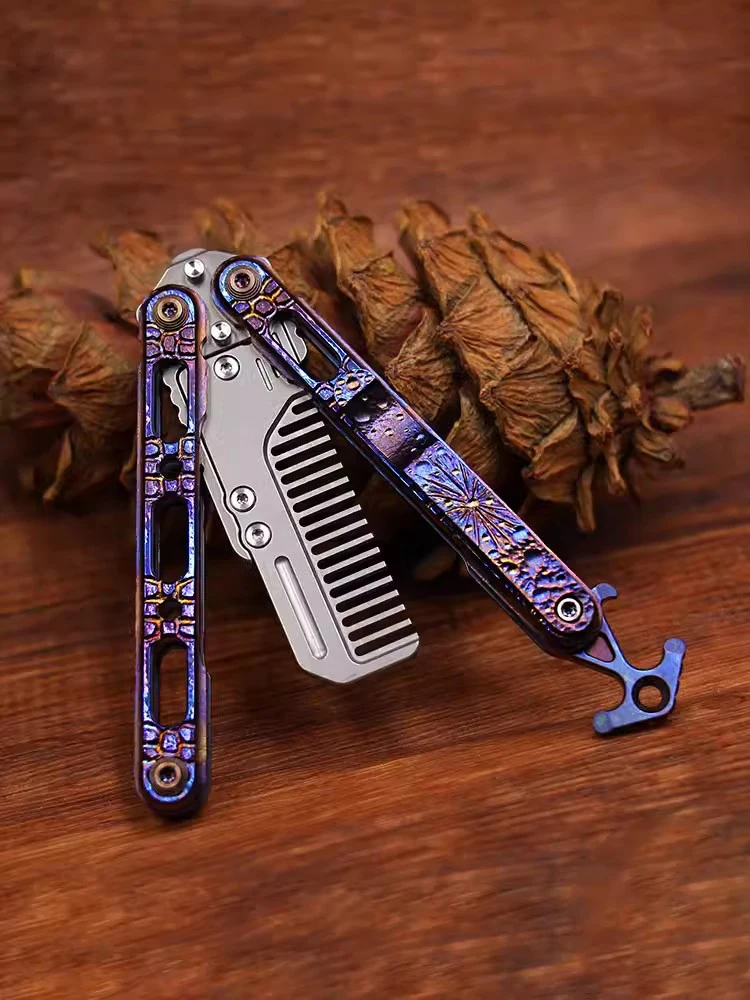 1 Piece Hand Carved Titanium Alloy Butterfly Practice Tool Multifunctional Comb Outdoor Tools EDC