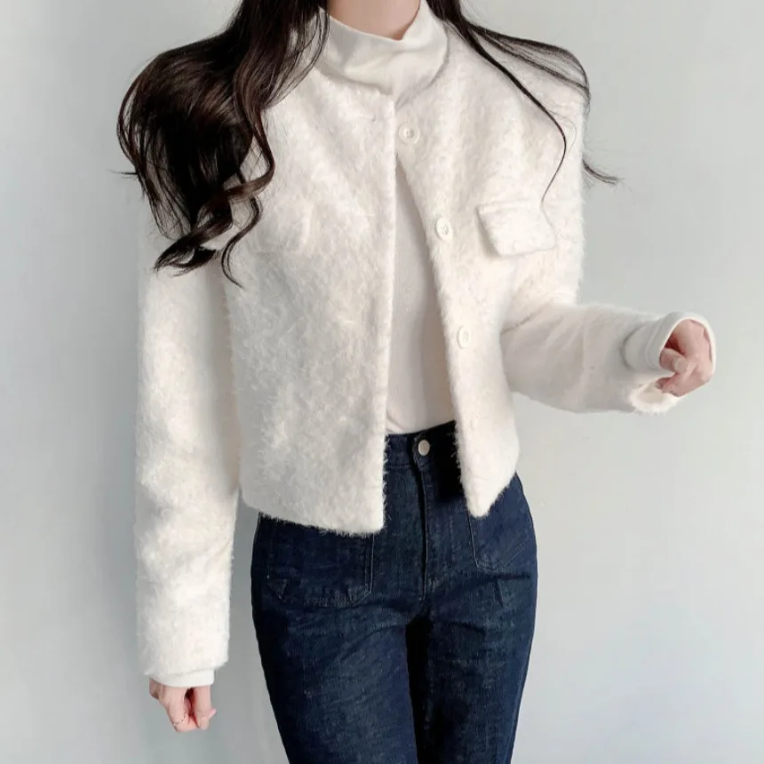 

Chic ort Outerwear Women's Loose Long Sve round Ne Single Button Pure Color Top for Autumn Versatile Sweet Little Blac...