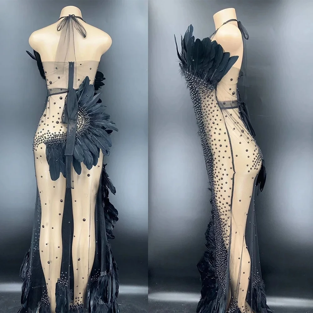 Vestido de sirena sin mangas con diamantes para mujer, traje de fiesta de cumpleaños, longitud hasta el suelo, perspectiva de gasa de plumas, ropa de club nocturno