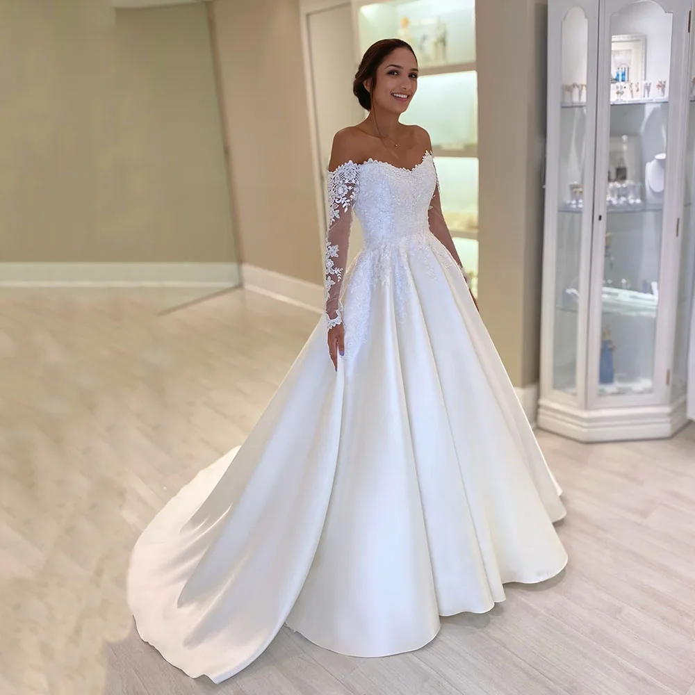 

Msikoods Wedding Dress 2025 Off Shoulder A-line Elegant Long Sleeve Brides Gown Lace Applique Women Bridal Dress Customized