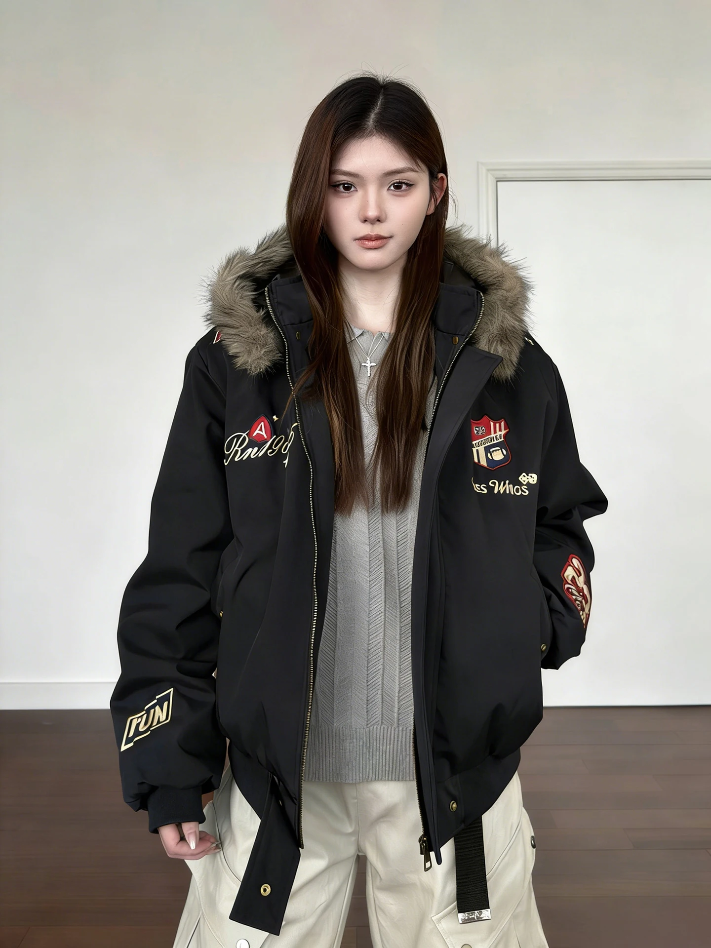 

Мужская стеганая пуховая куртка Bla American Sle с вышивкой, зимнее теплое пальто с воротником из искусственного меха для пар