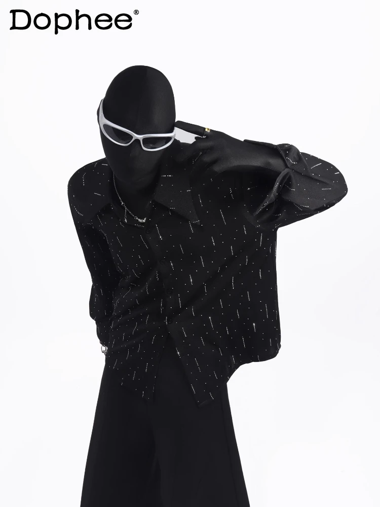 

Men's 2025 Autumn New High-end Black Hot Diamond Long-sleeve Shirts Thin Personalized Loose Tops Male Trendy Light Luxury Shirts