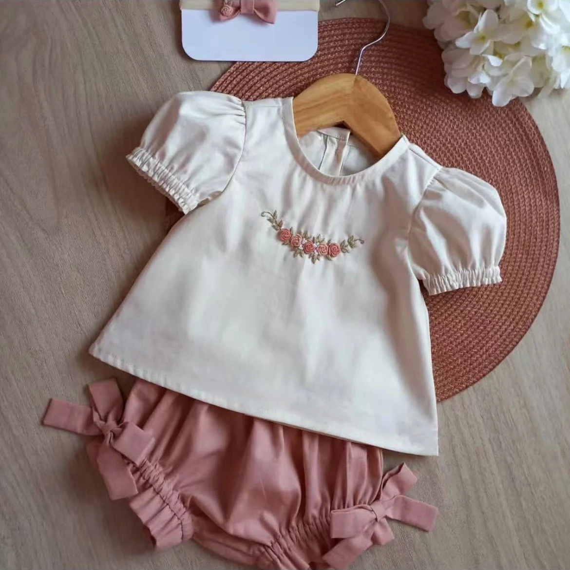 Baby Girl Summer Khaki Pink Rose Handmade Embroidery Vintage Turkish Princess Ball Gown Dress with Pants for Eid Party Birthday