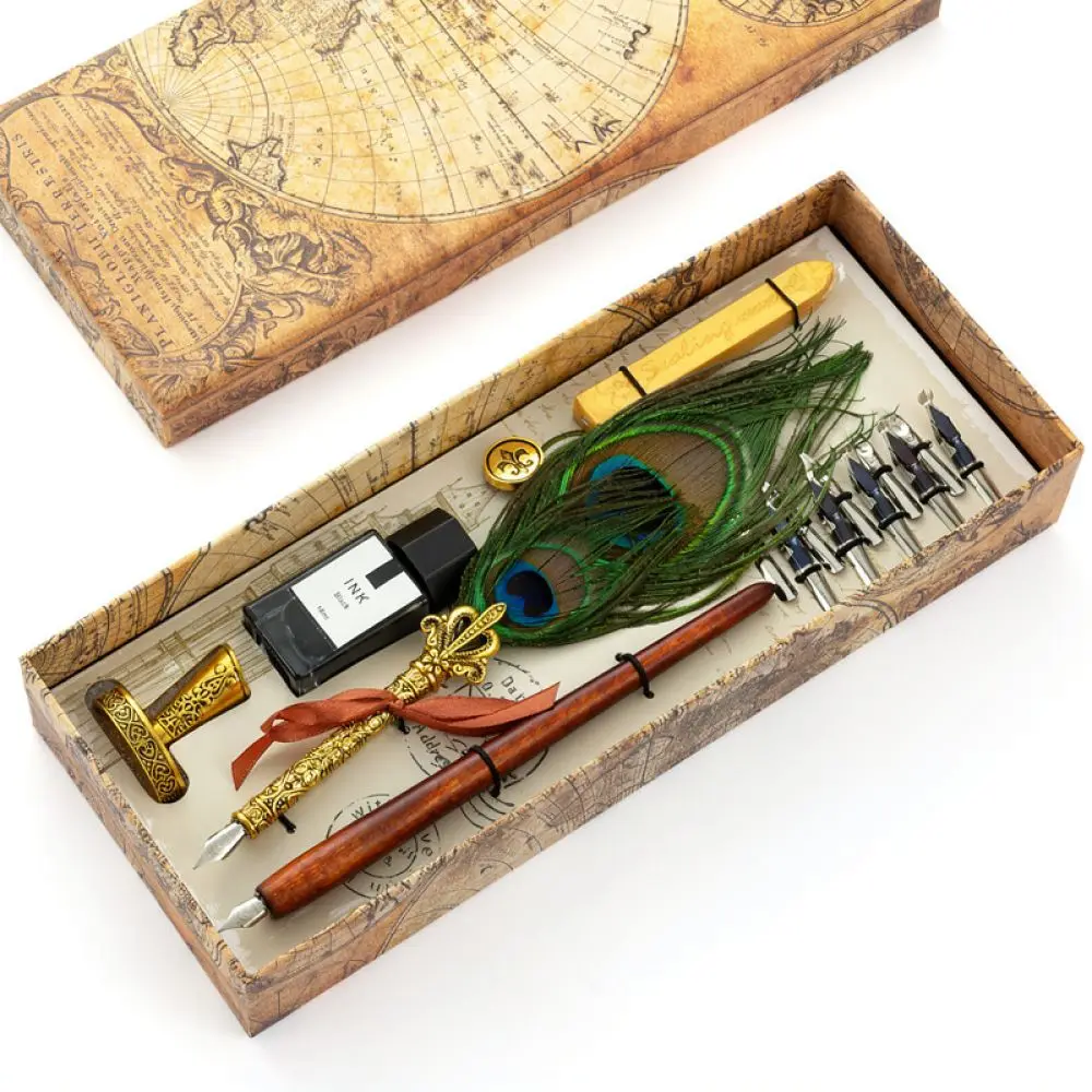 Luxury European Feather Pen Kit Calligraphy Stationery With Sealing Wax Stamp Gift Box For Birthday Teacher Day Present
