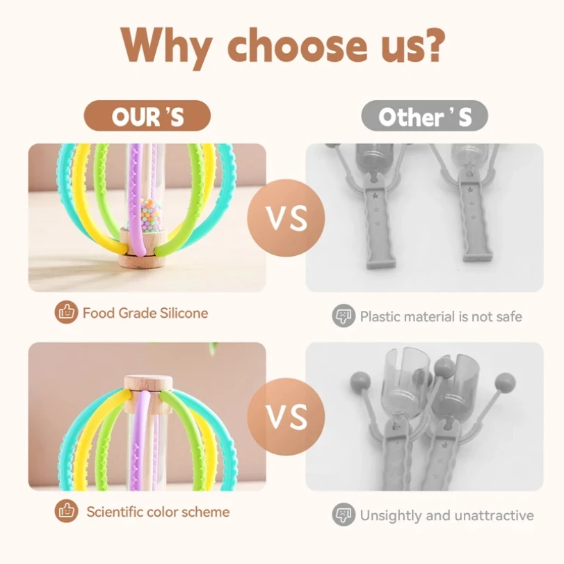 Chocalho do bebê brinquedo de madeira tambor de chuva com silicone bebê sensorial toque brinquedo recém-nascido cuidados dentários goma anti-comer mão molar vara gif