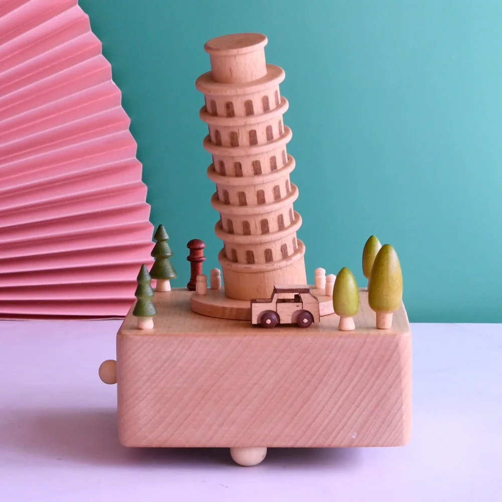 European wooden music box Leaning Tower of Pisa architectural model music box travel souvenir holiday gift