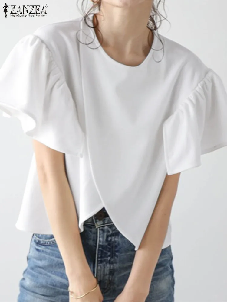 

ZANZEA Women Round Neck Tunics Casual Loose Asymmetrical Simple Tops 2024 Summer Ruffled Short Sleeve Tees Fashion Solid Blouses