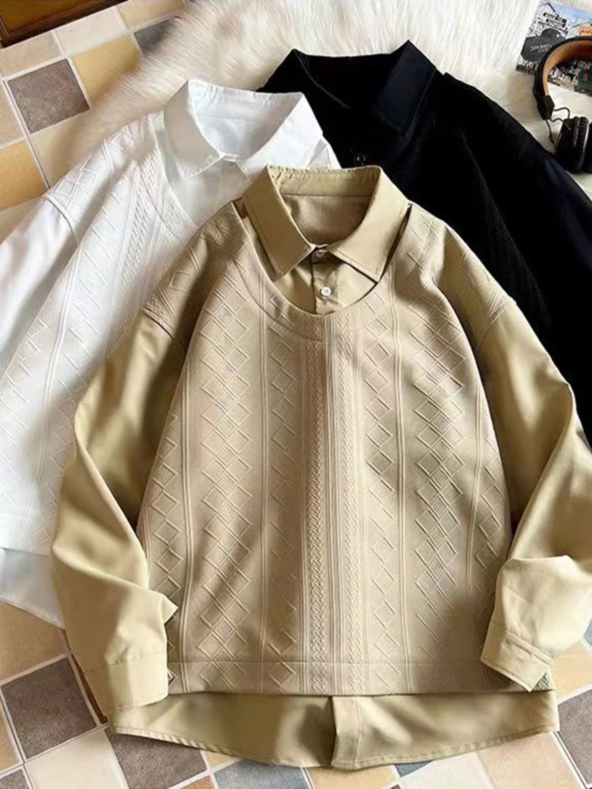 

Мужской свободный свитшот в американском ретро-стиле с эффектом двухслойности, с длинными рукавами, в стиле пэчворк, очень большой размер, 300 Pou Design Sense